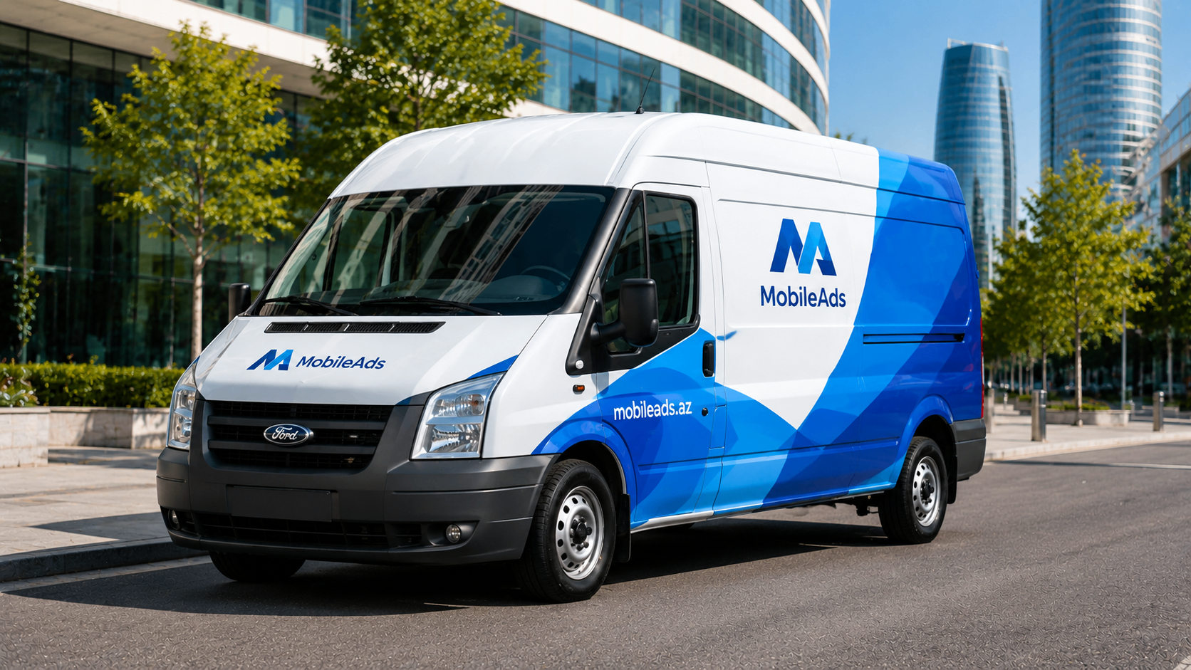 Mobileads.az branded Ford Transit van in Baku