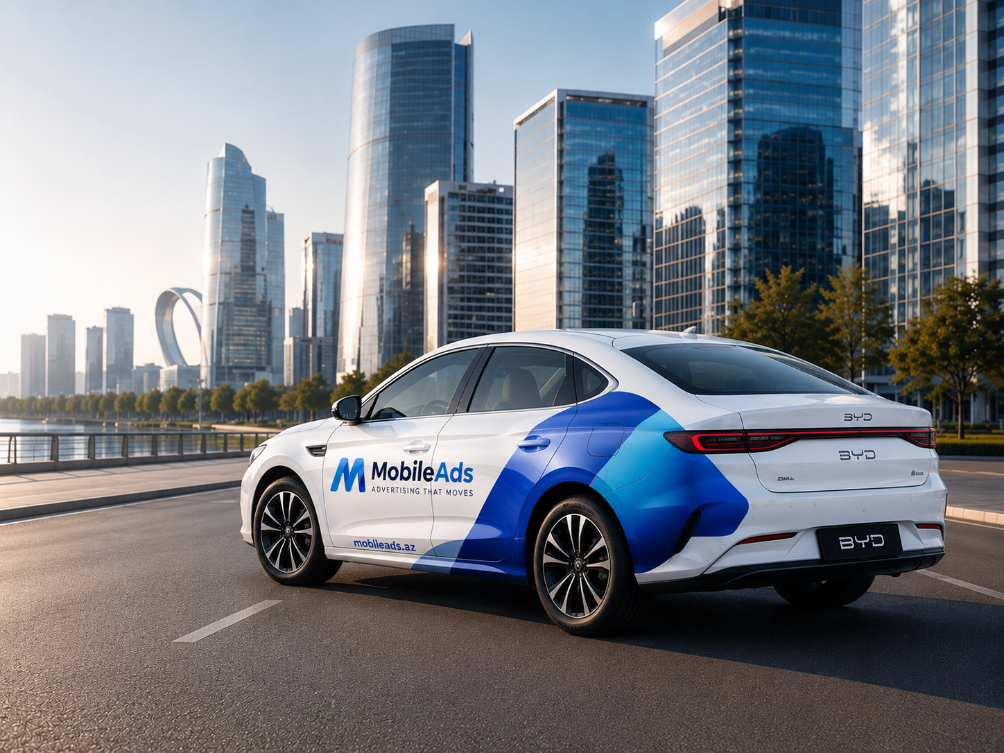 Mobileads.az branded sedan car with side wrap